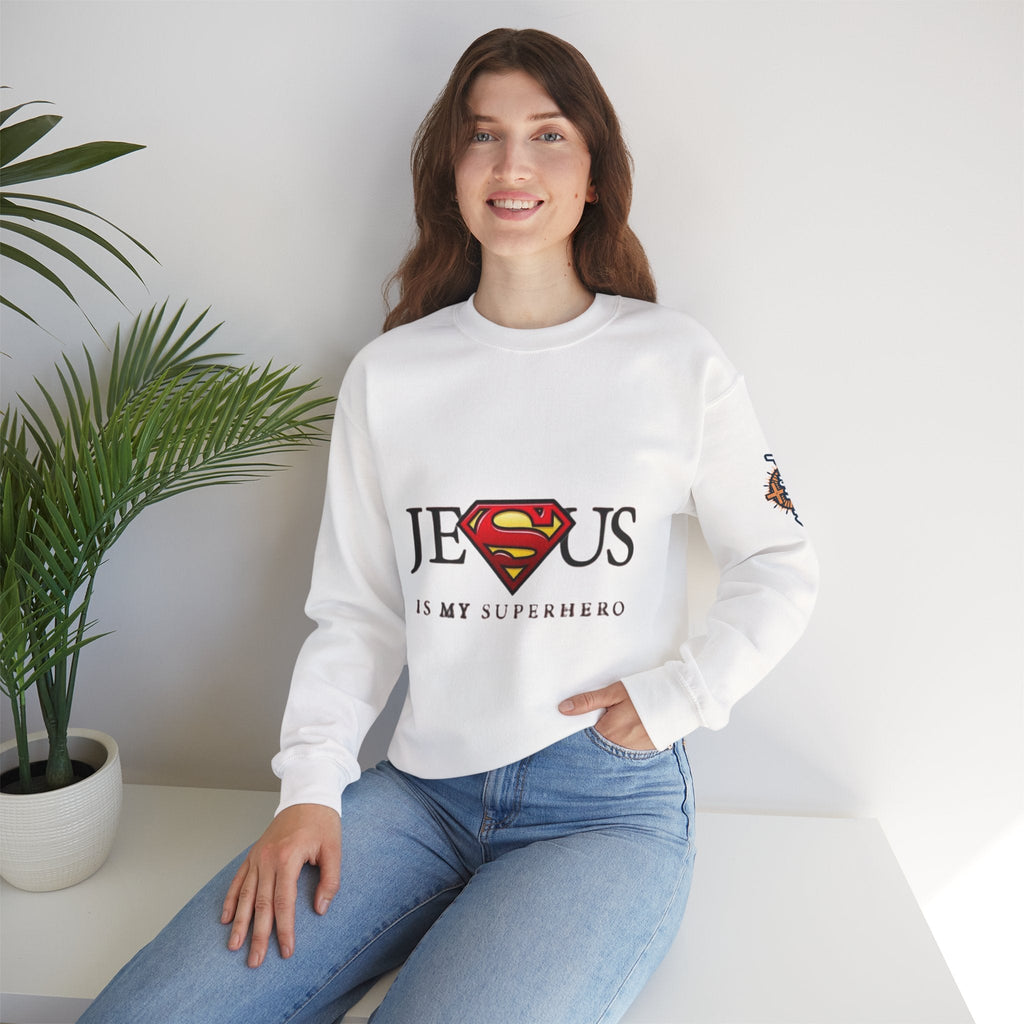 Jesus Is My Superhero Crewneck Sweatshirt Printify