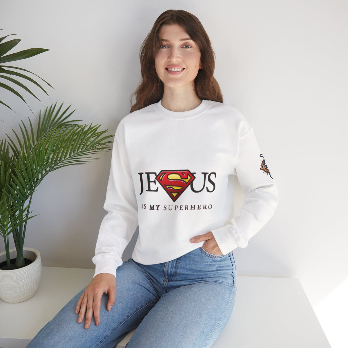 Jesus Is My Superhero Crewneck Sweatshirt Printify