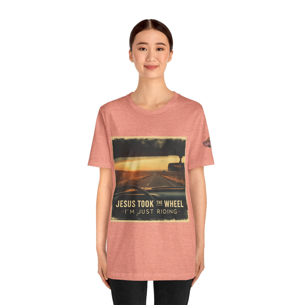 Jesus Took the Wheel I'm Just Riding T-shirt – Funny Christian Convertible Car T-shirt for Surrendered Faith & Humor Printify
