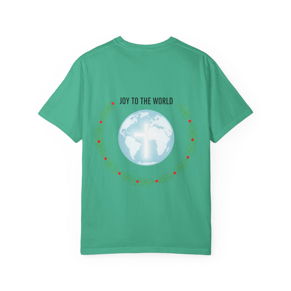 Joy to the World T-shirt – Wreath Earth Nativity Christian Christmas T-shirt for Isaiah 9:6 Holiday Faith & Festive Joy Printify