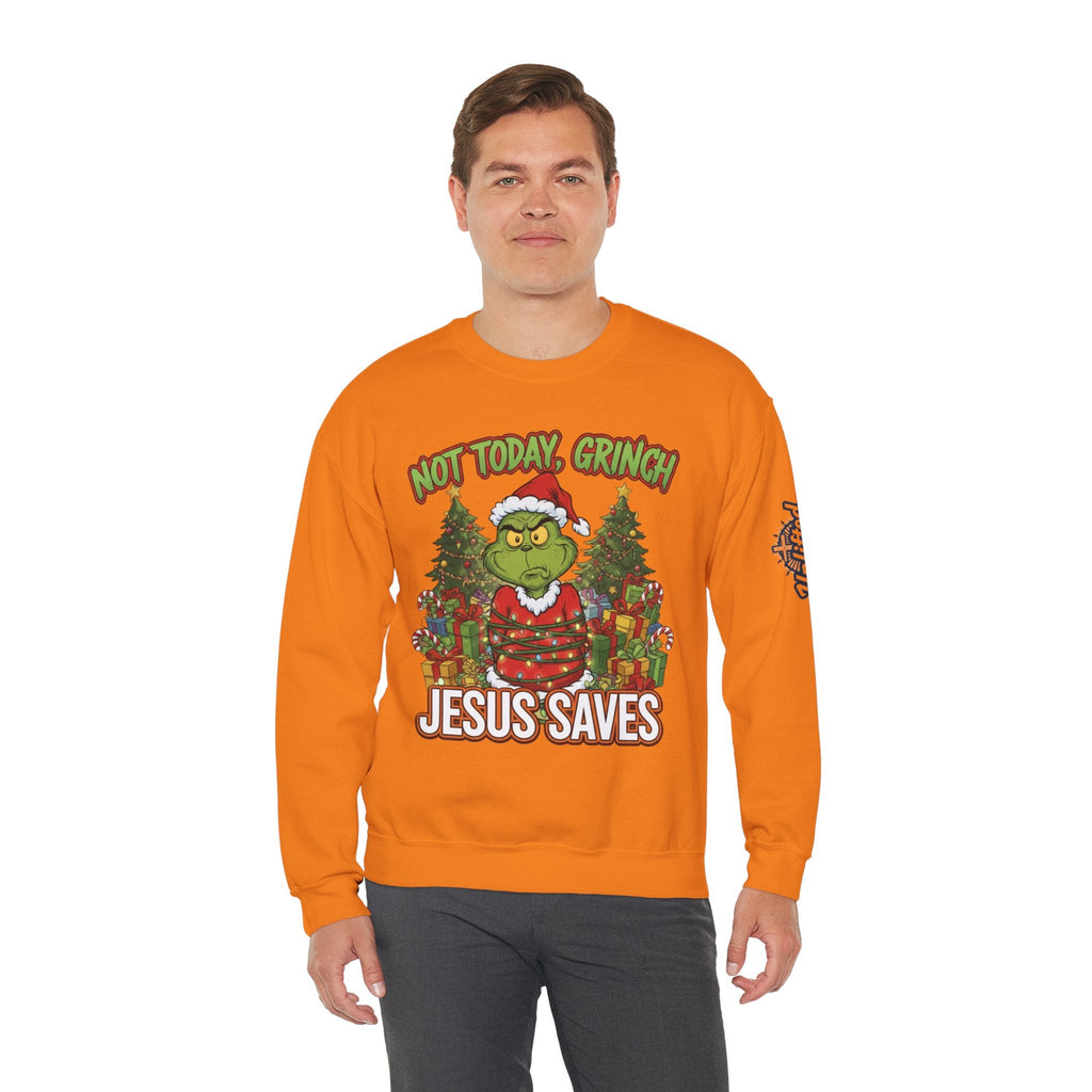 🎄 Not Today, Grinch – Jesus Saves | Funny Christian Christmas Sweatshirt | Sulking Grinch & Glowing Cross | Bold Neon Faith Tee by Uplifted Gear Printify