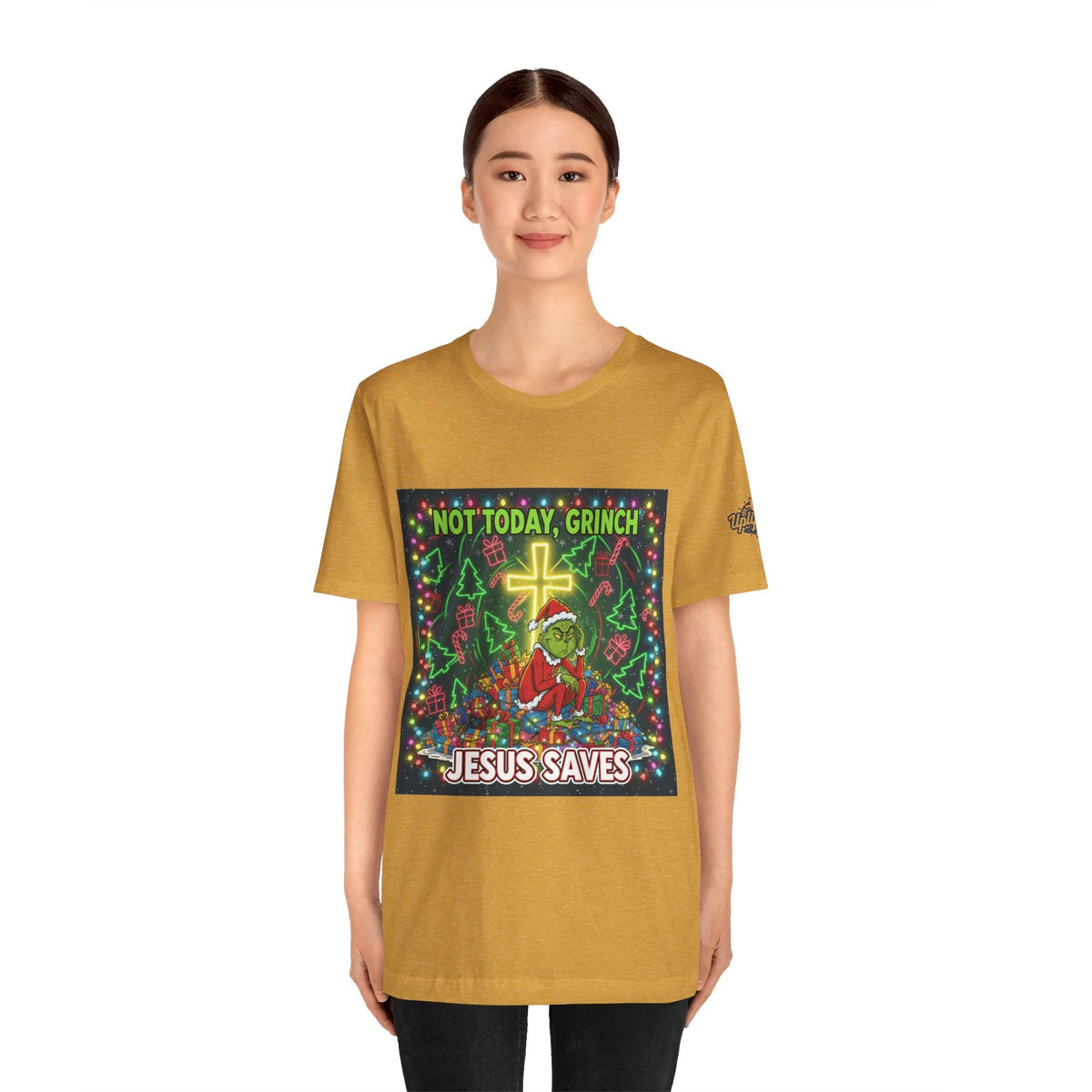 🎄 Not Today, Grinch – Jesus Saves | Funny Christian Christmas T-Shirt | Festive Green & Red Cartoon Style | Bold Faith Holiday Tee by Uplifted Gear Printify