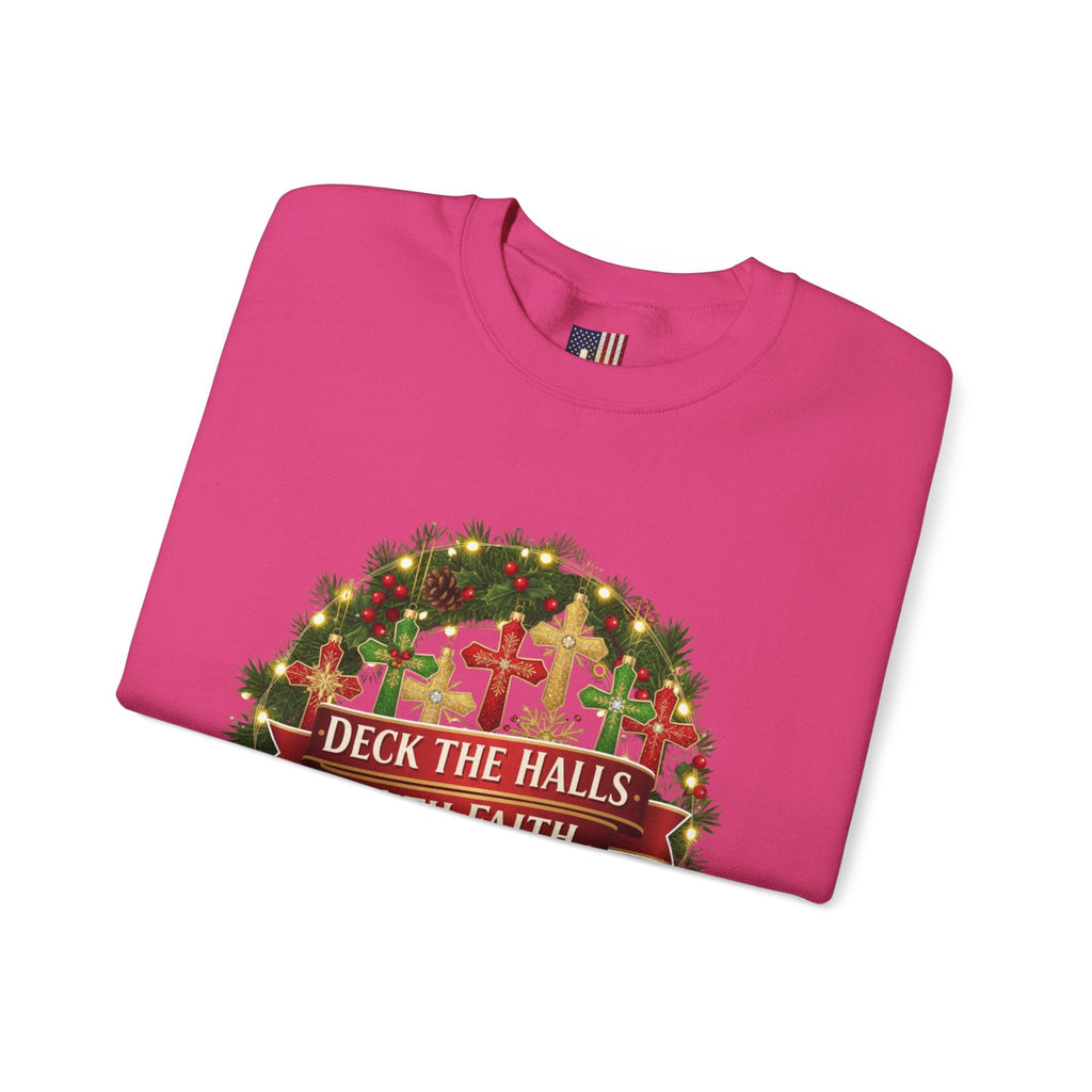 🎄 Deck the Halls with Faith – Christian Christmas Sweatshirt | Cross Ornament Design & Festive Garland | Bold Holiday Faith Tee by Uplifted Gear Printify