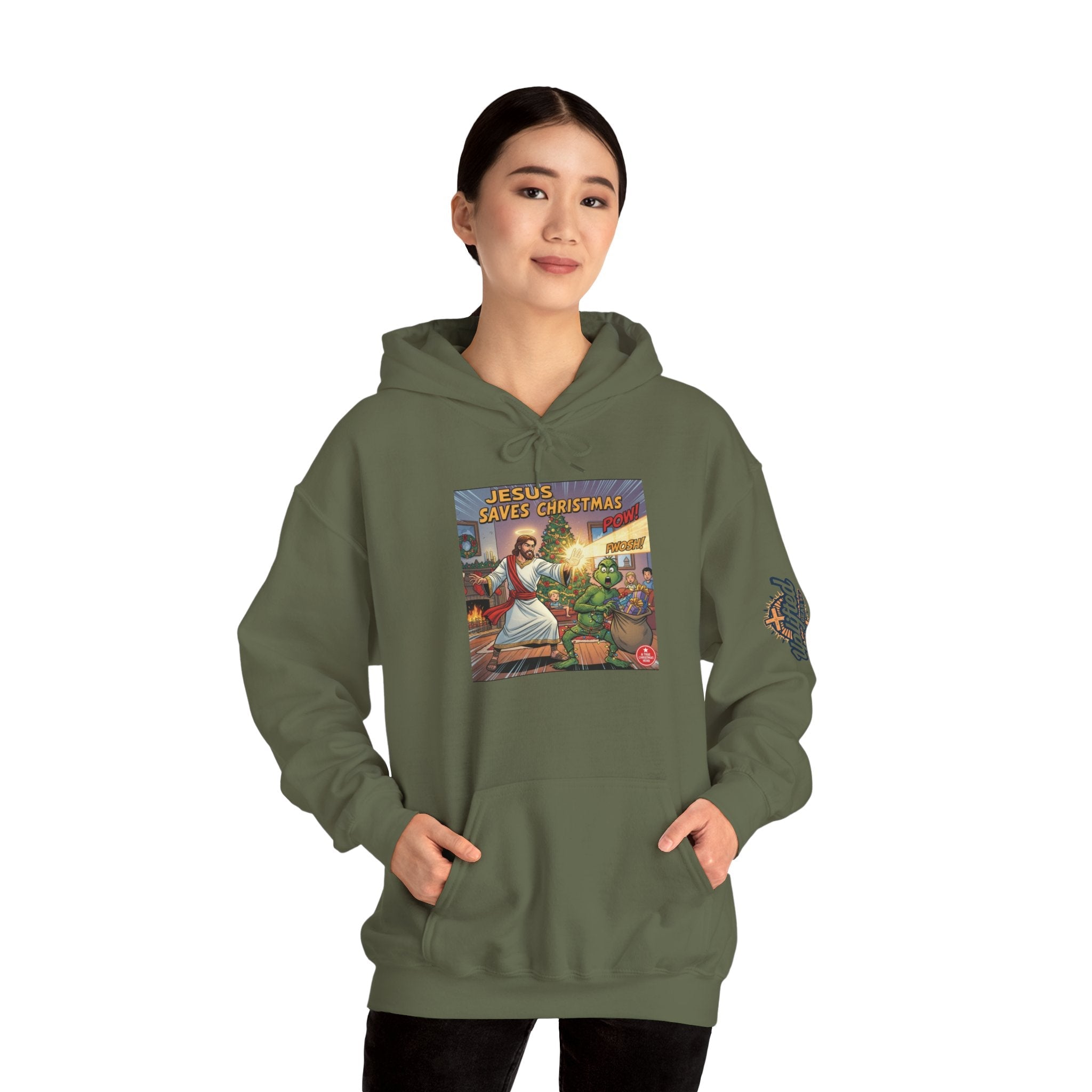 Jesus Saves Christmas Hoodie – Grinch vs Savior Light Battle Christian Sweatshirt for Hilarious Holiday Faith & True Joy Printify