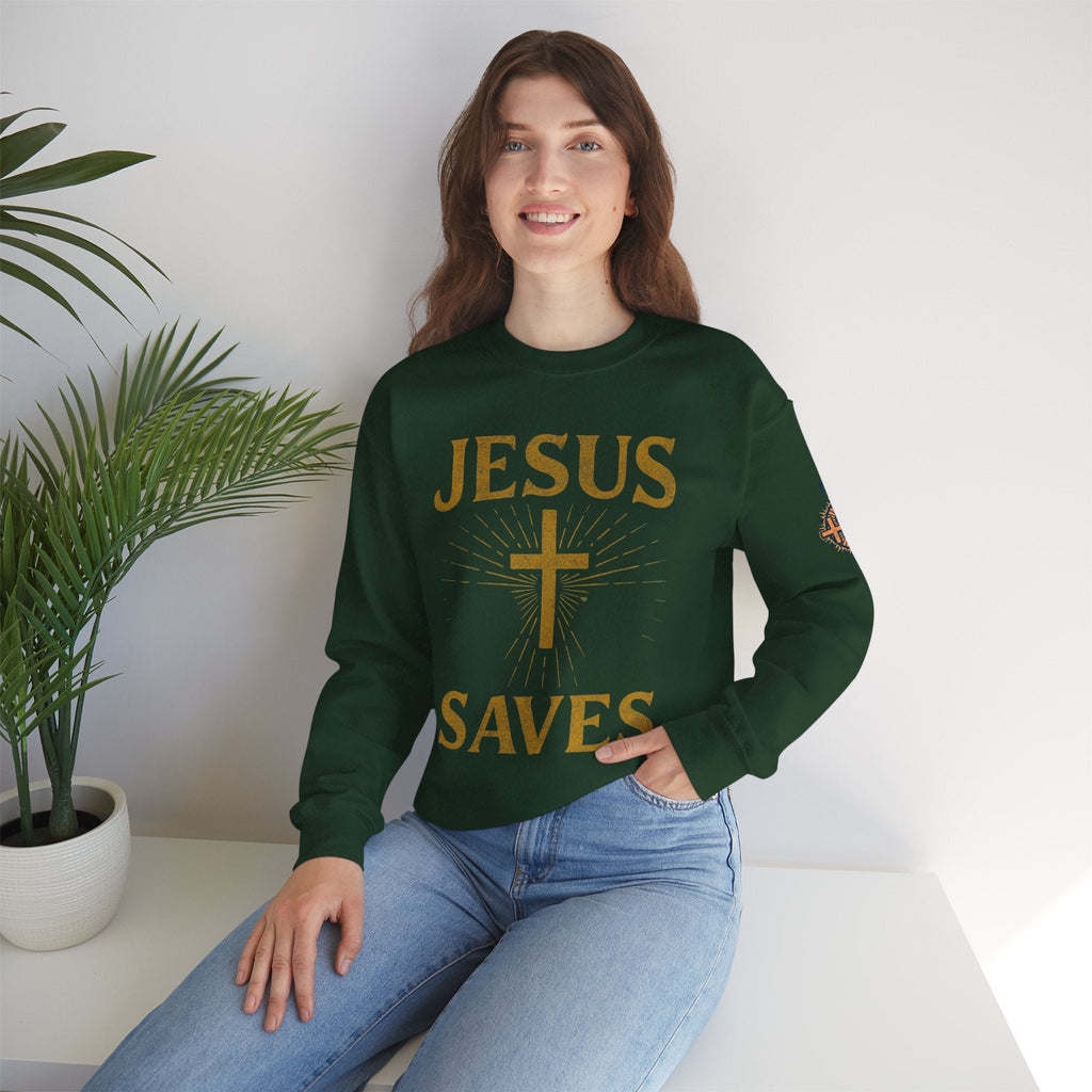 Jesus Saves Sweatshirt – Radiant Cross & Rays of Light Christian Sweatshirt for Eternal Hope & Faith Printify