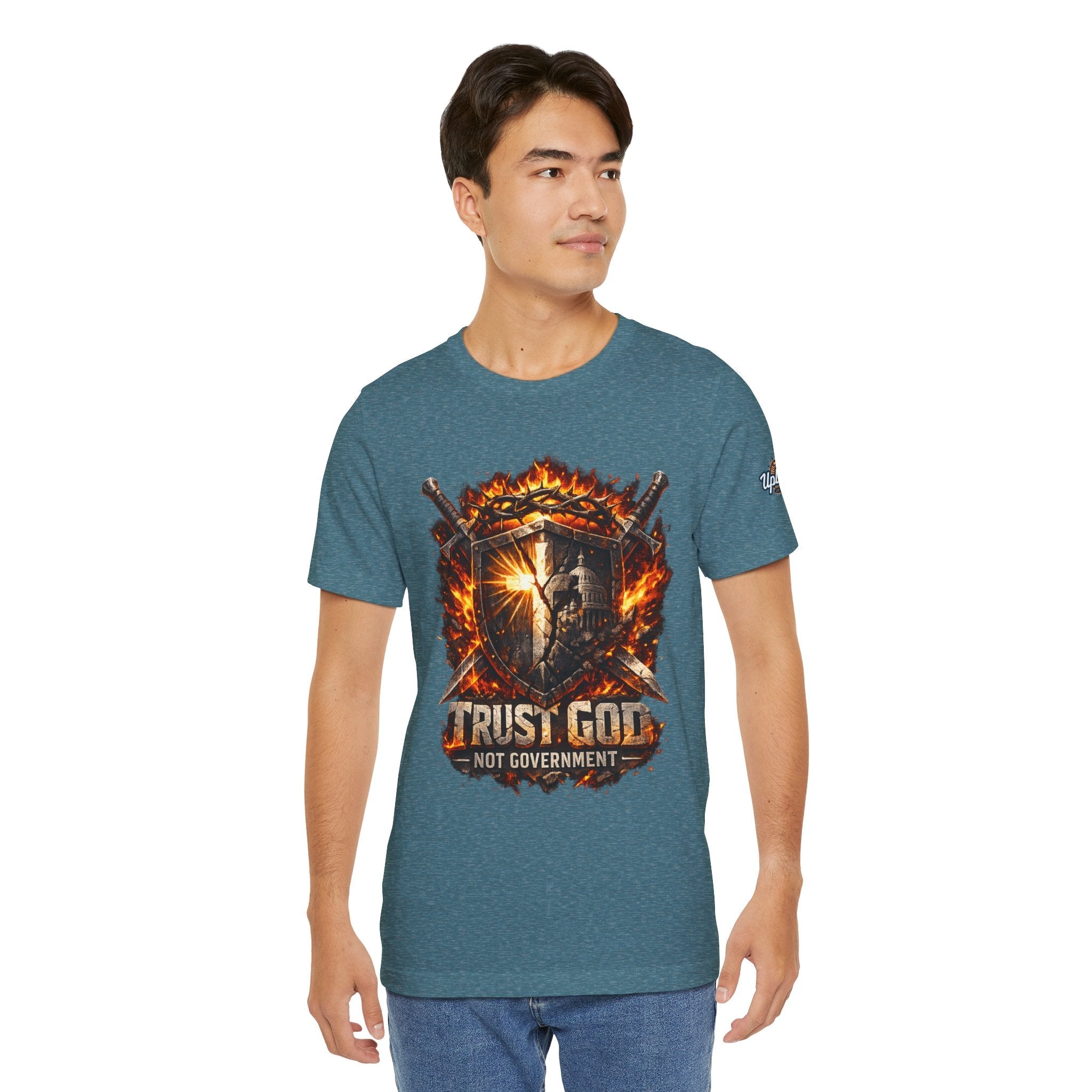 Trust God Not Government Shield Tee — Patriotic Christian Faith T-Shirt Printify
