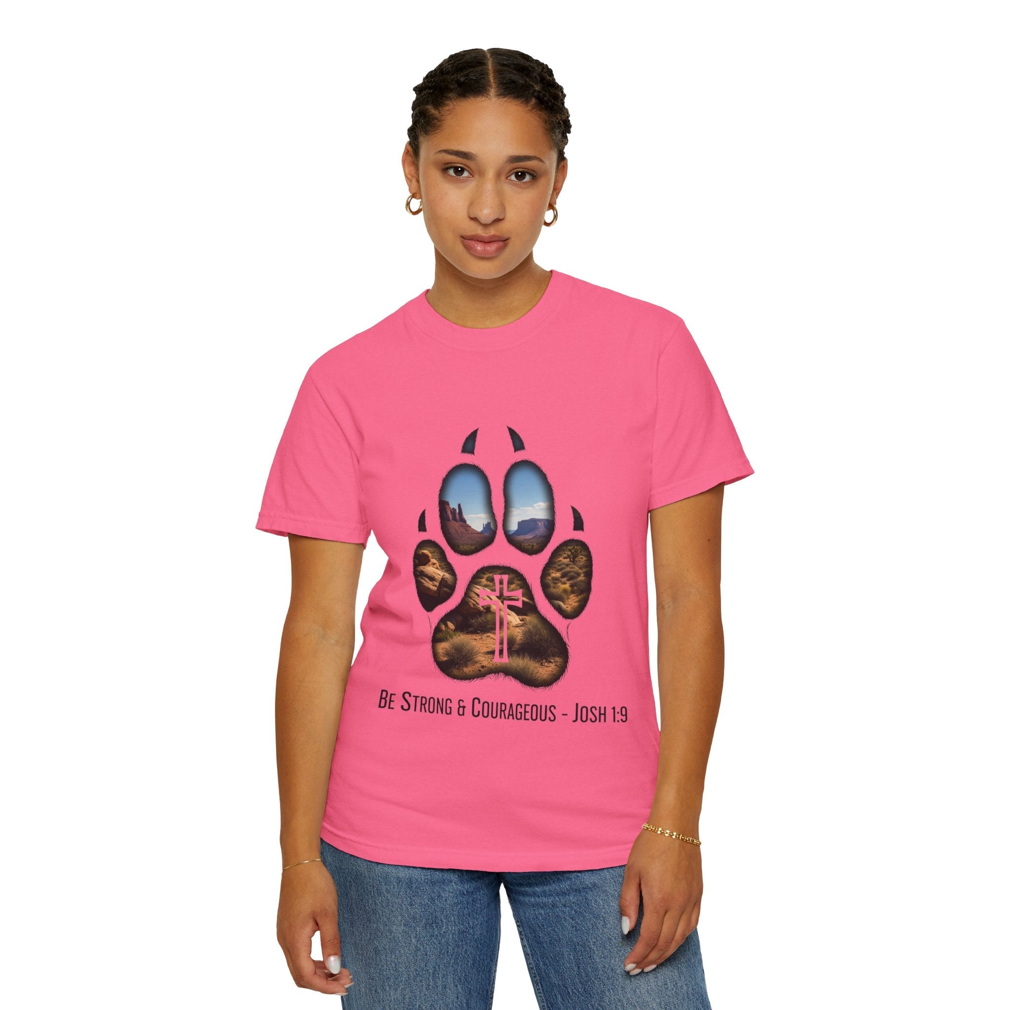 Strong and Courageous T-Shirt – Canine Pawprint Desert Joshua 1:9 Christian Tee Printify