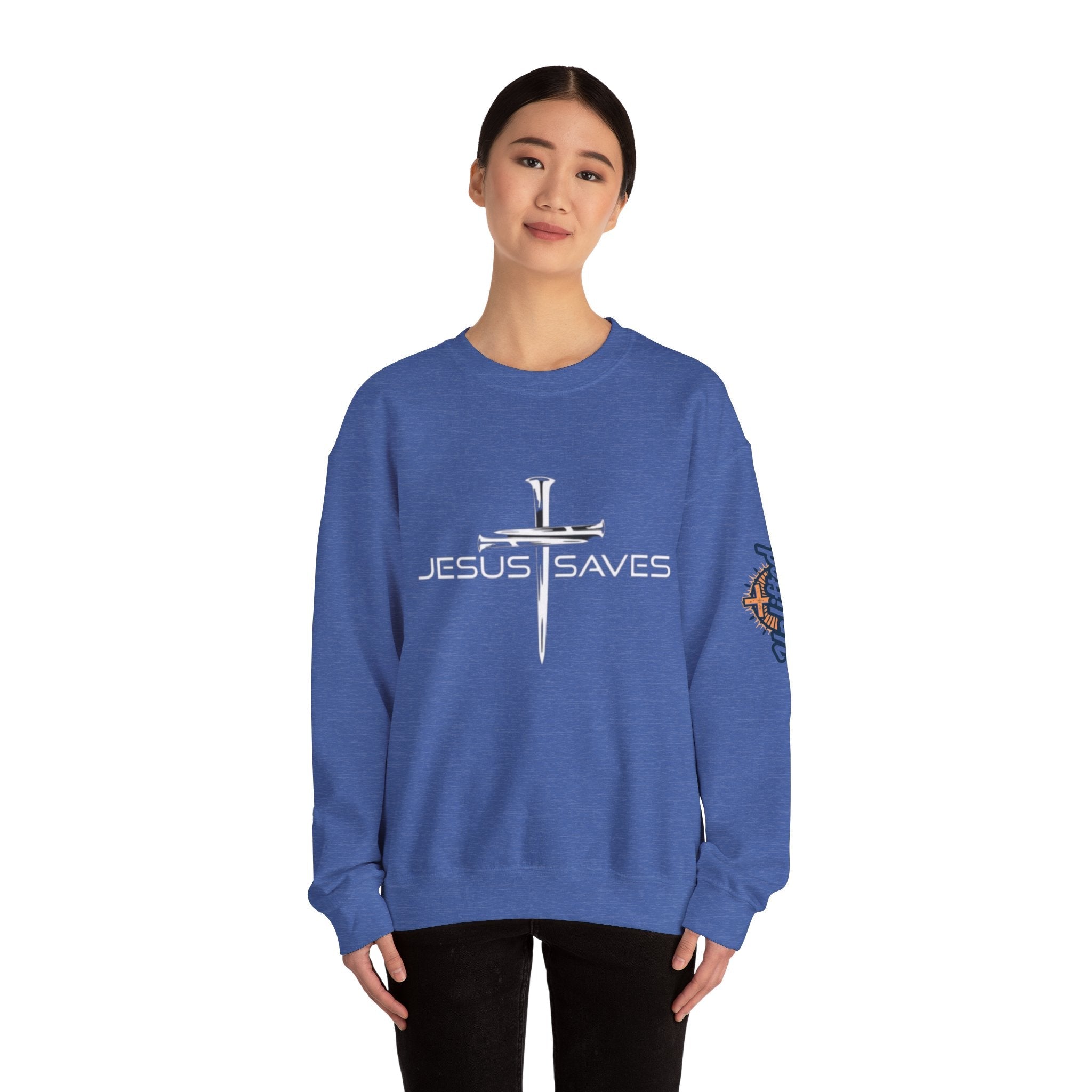 Jesus Saves Sweatshirt – 3 Nails Crucifix Cross Christian Sweatshirt for Redemption Faith & Bold Salvation Printify