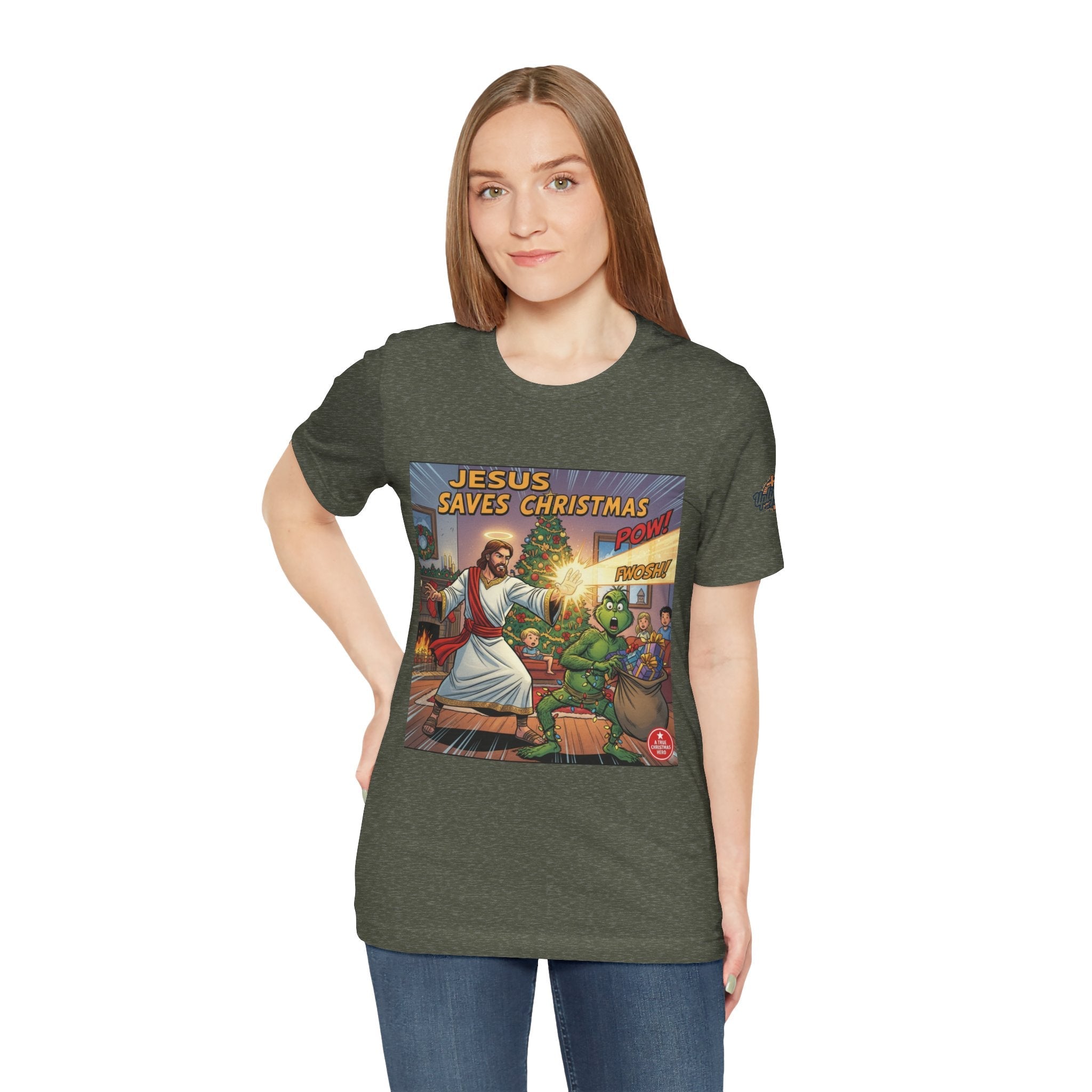 Jesus Saves Christmas T-shirt – Grinch vs Savior Light Battle Christian T-shirt for Hilarious Holiday Faith & True Joy Printify