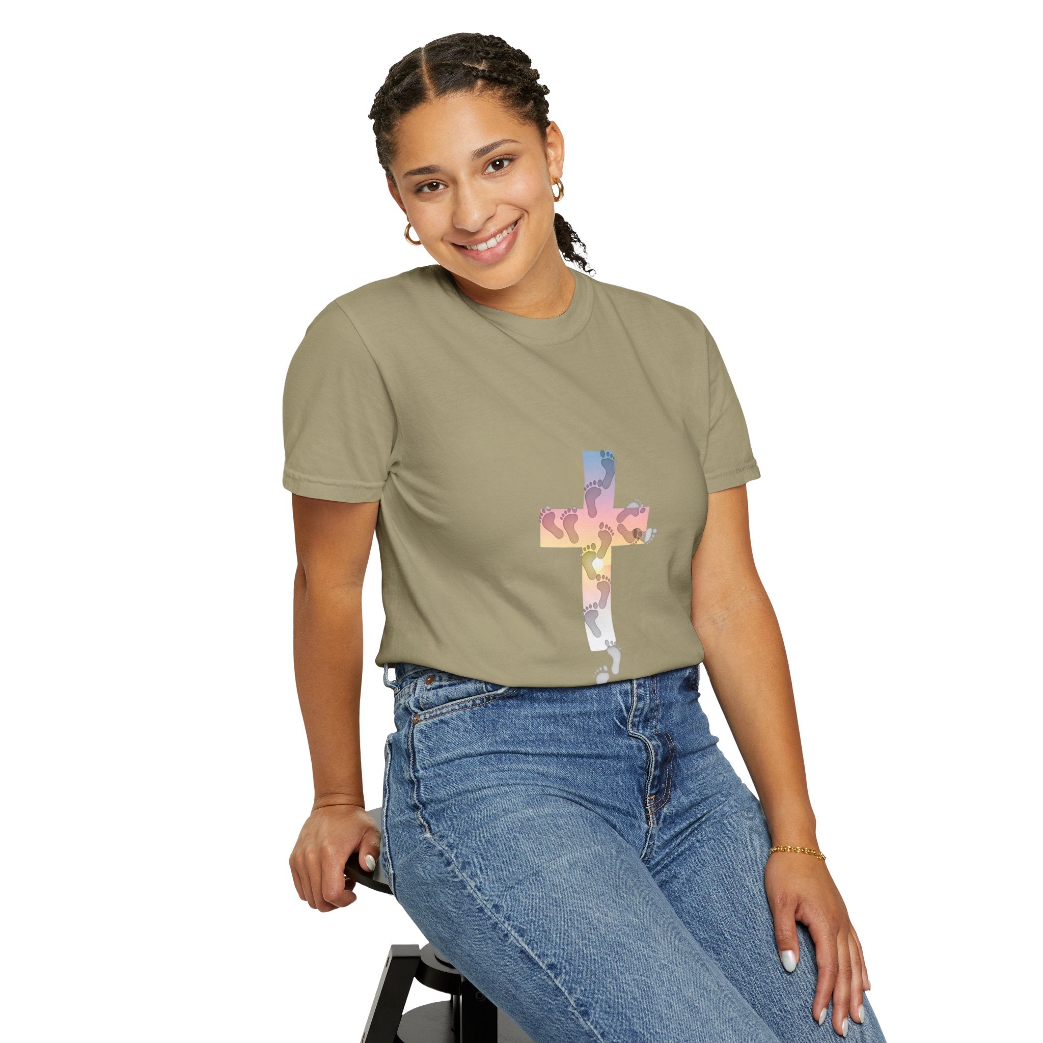 Walk by Faith T-Shirt – Cross & Footprints Christian Tee for Bold Believers Printify