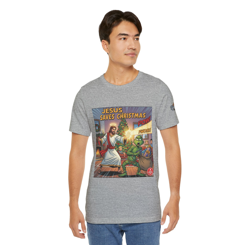Jesus Saves Christmas T-shirt – Grinch vs Savior Light Battle Christian T-shirt for Hilarious Holiday Faith & True Joy Printify