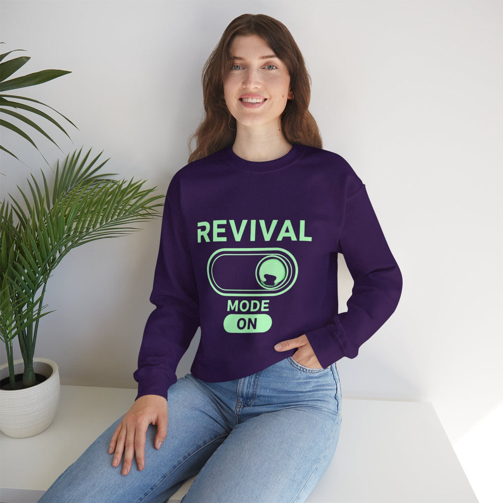 🔥 Revival Mode: ON – Christian Techwear Sweatshirt | Glowing Green Faith Switch | Futuristic Jesus Shirt | Activate Your Spiritual Awakening | Uplifted Gear Printify