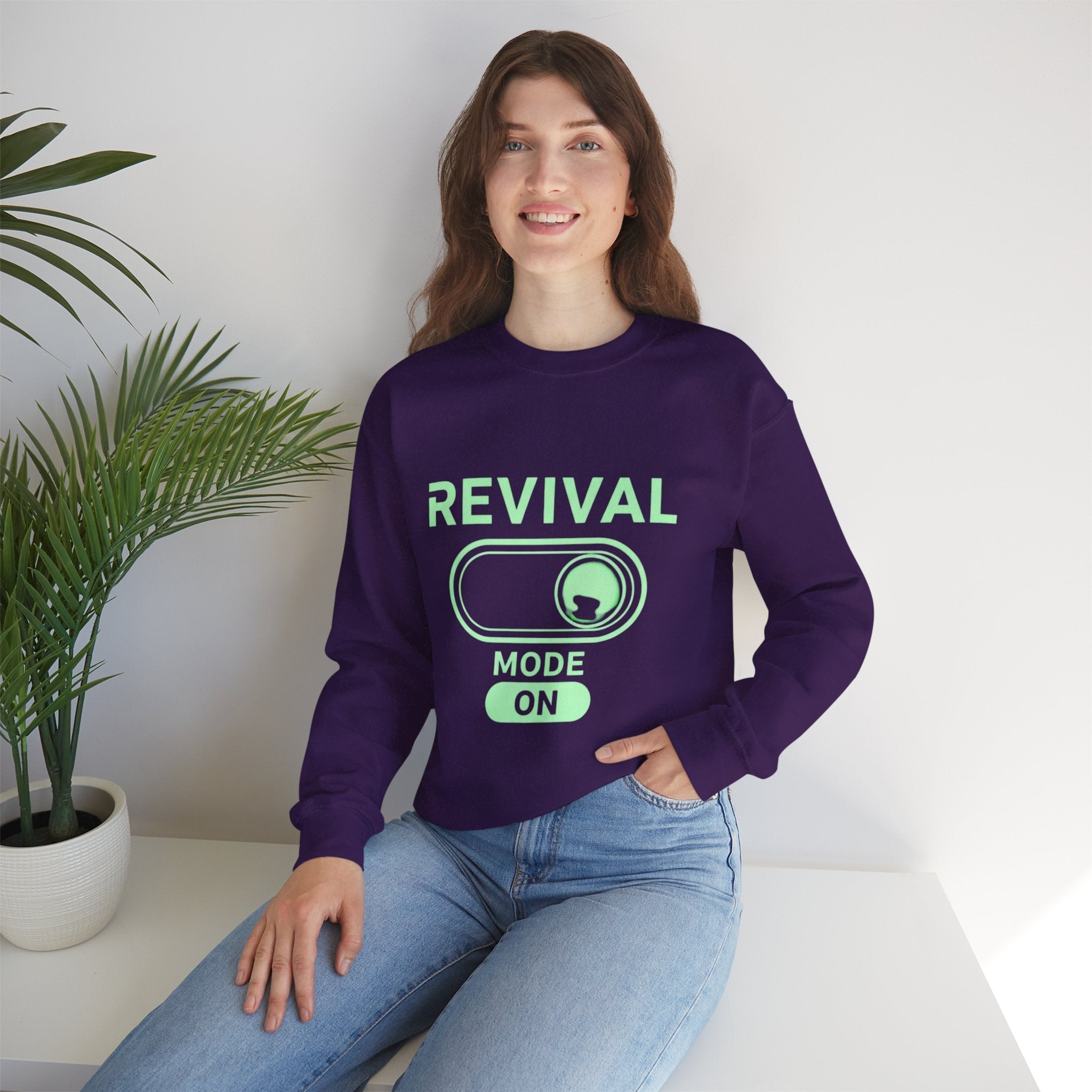 🔥 Revival Mode: ON – Christian Techwear Sweatshirt | Glowing Green Faith Switch | Futuristic Jesus Shirt | Activate Your Spiritual Awakening | Uplifted Gear Printify