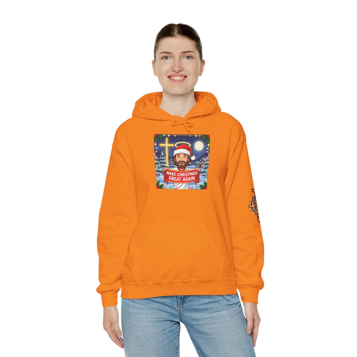 🎄 Make Christmas Great Again – Funny Christian Hoodie | Jesus Holding Banner | Faith-Based Holiday Parody Tee | Uplifted Gear Printify
