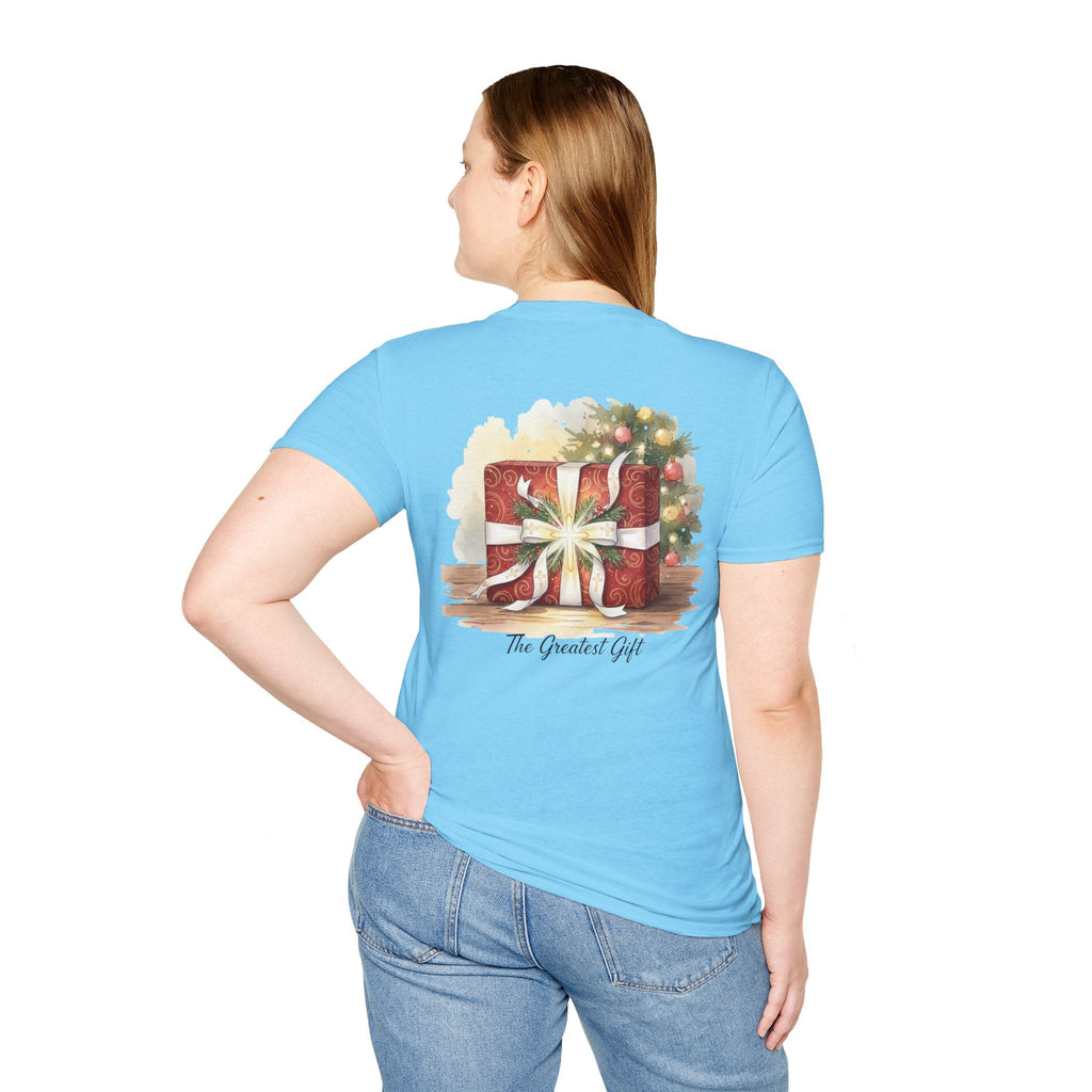 The Greatest Gift T-shirt – Cross Bow Present Christian T-shirt for Christmas Salvation & Eternal Faith Printify