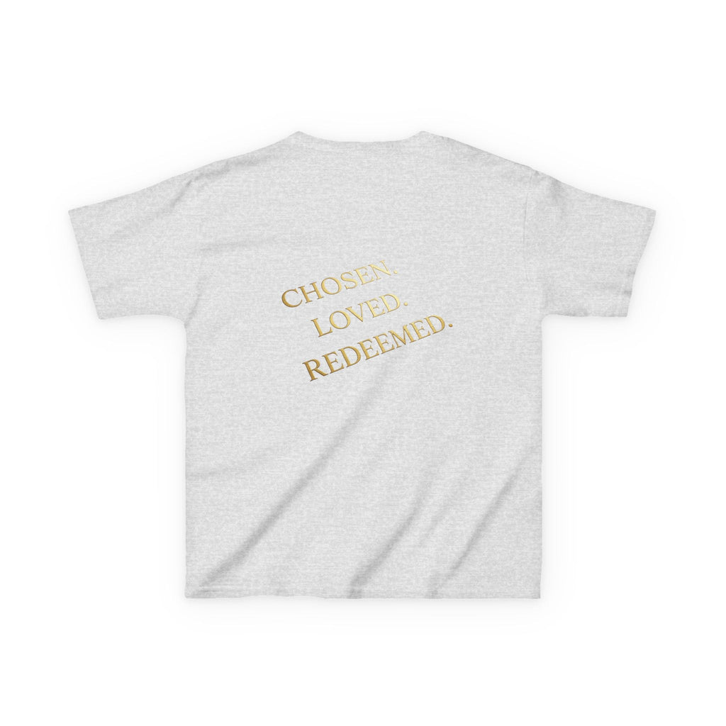 ✨ Chosen. Loved. Redeemed. – Elegant Christian Kids T-Shirt | Gold Foil Faith Tee | Subtle Cross & Heart Design | Inspirational Bible Verse Apparel by Uplifted Gear Printify