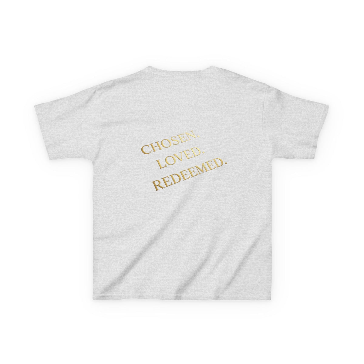 ✨ Chosen. Loved. Redeemed. – Elegant Christian Kids T-Shirt | Gold Foil Faith Tee | Subtle Cross & Heart Design | Inspirational Bible Verse Apparel by Uplifted Gear Printify