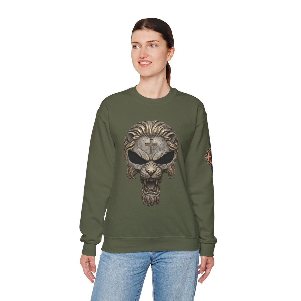 Lion of Judah Skull Christian Sweatshirt - Warrior Faith Cross Sweatshirt Printify