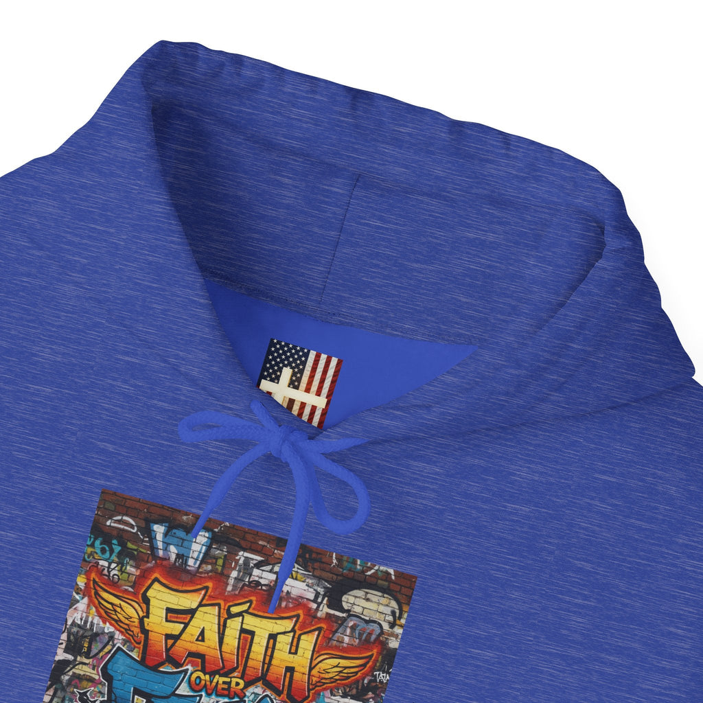 Faith Over Fear Hoodie – Graffiti Wall Christian Sweatshirt for Bold 2 Corinthians 5:7 Streetwear & Unshakable Faith Printify