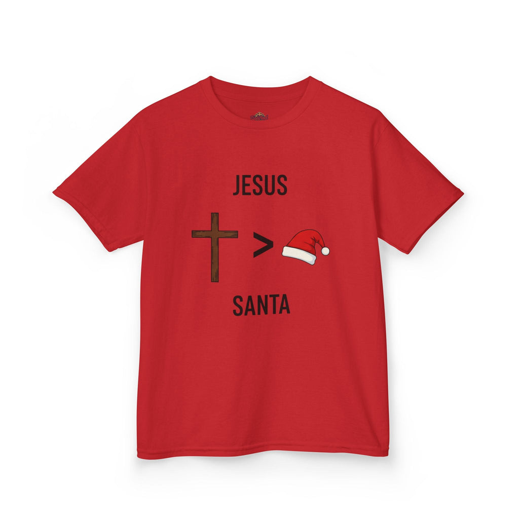 🎄 Jesus > Santa – Minimalist Christian Christmas Kids T-Shirt | Bold Faith Over Holiday Tee | Cross vs Santa Hat Design | Uplifted Gear Printify
