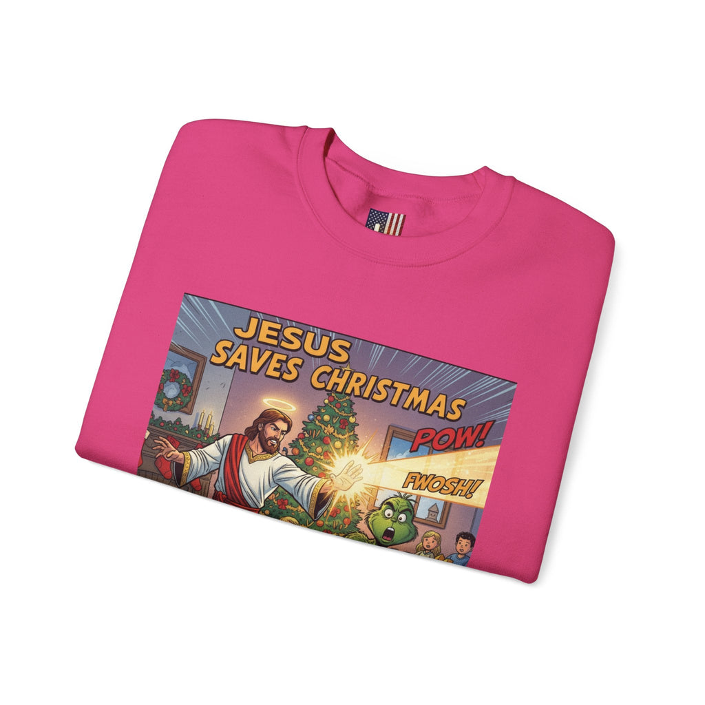 Jesus Saves Christmas Sweatshirt – Grinch vs Savior Light Battle Christian Sweatshirt for Hilarious Holiday Faith & True Joy Printify