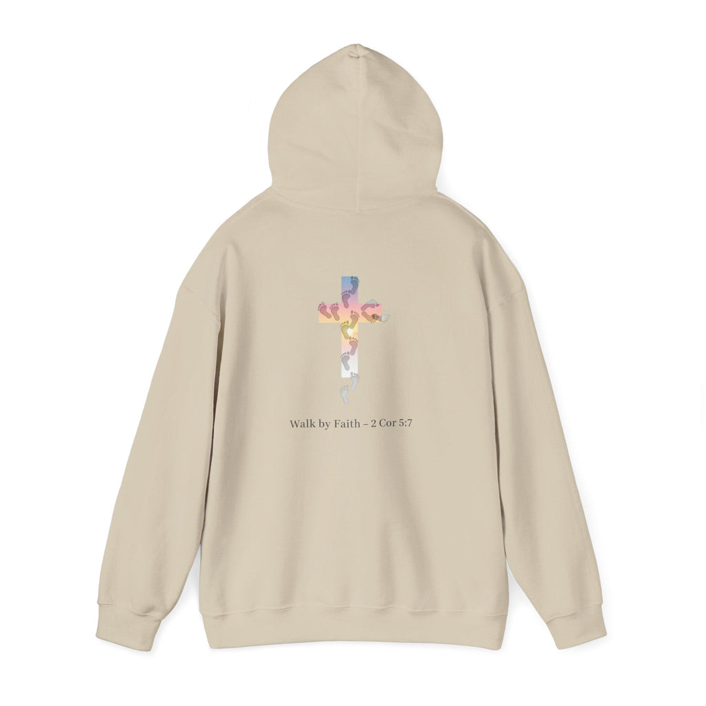 Walk by Faith Hoodie – Cross & Footprints Christian Hoodie for Cozy Inspiration Printify