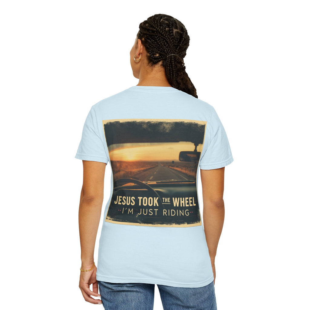 Jesus Took the Wheel I'm Just Riding T-shirt – Funny Christian Convertible Car T-shirt for Surrendered Faith & Humor Printify