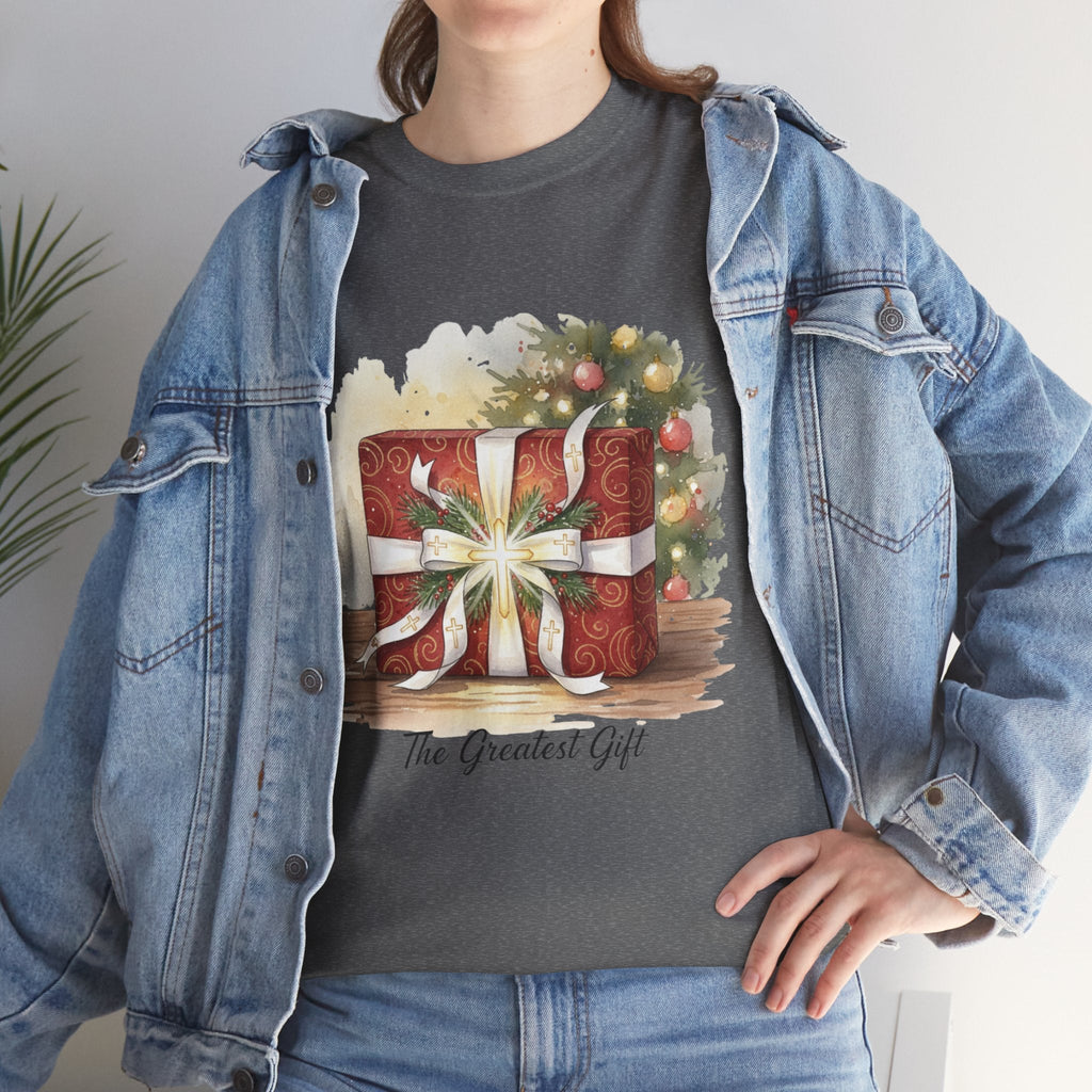 The Greatest Gift T-shirt – Cross Bow Present Christian T-shirt for Christmas Salvation & Eternal Faith Printify