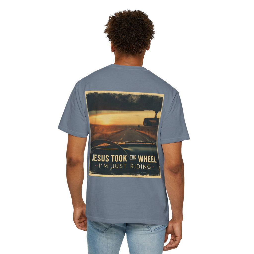 Jesus Took the Wheel I'm Just Riding T-shirt – Funny Christian Convertible Car T-shirt for Surrendered Faith & Humor Printify