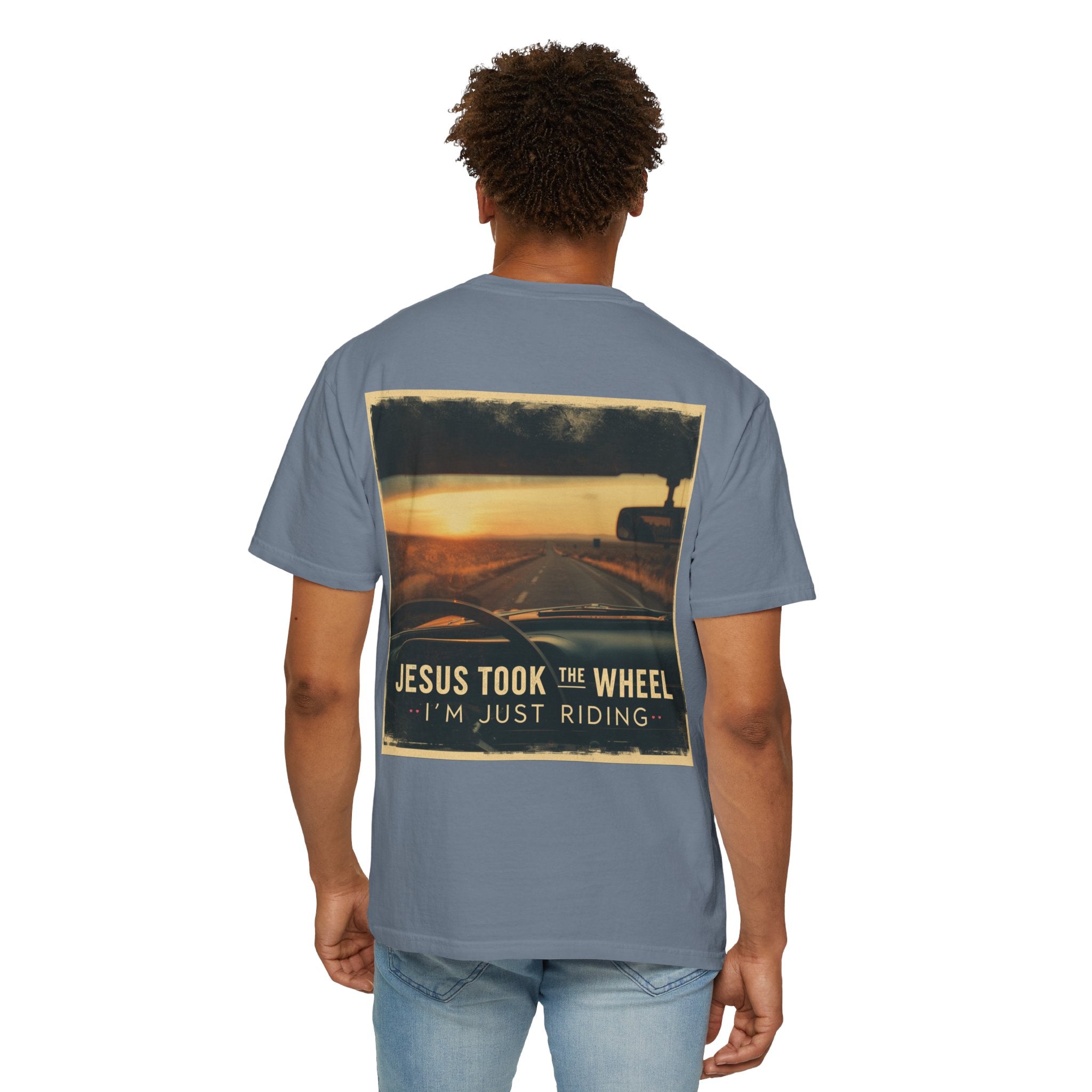Jesus Took the Wheel I'm Just Riding T-shirt – Funny Christian Convertible Car T-shirt for Surrendered Faith & Humor Printify