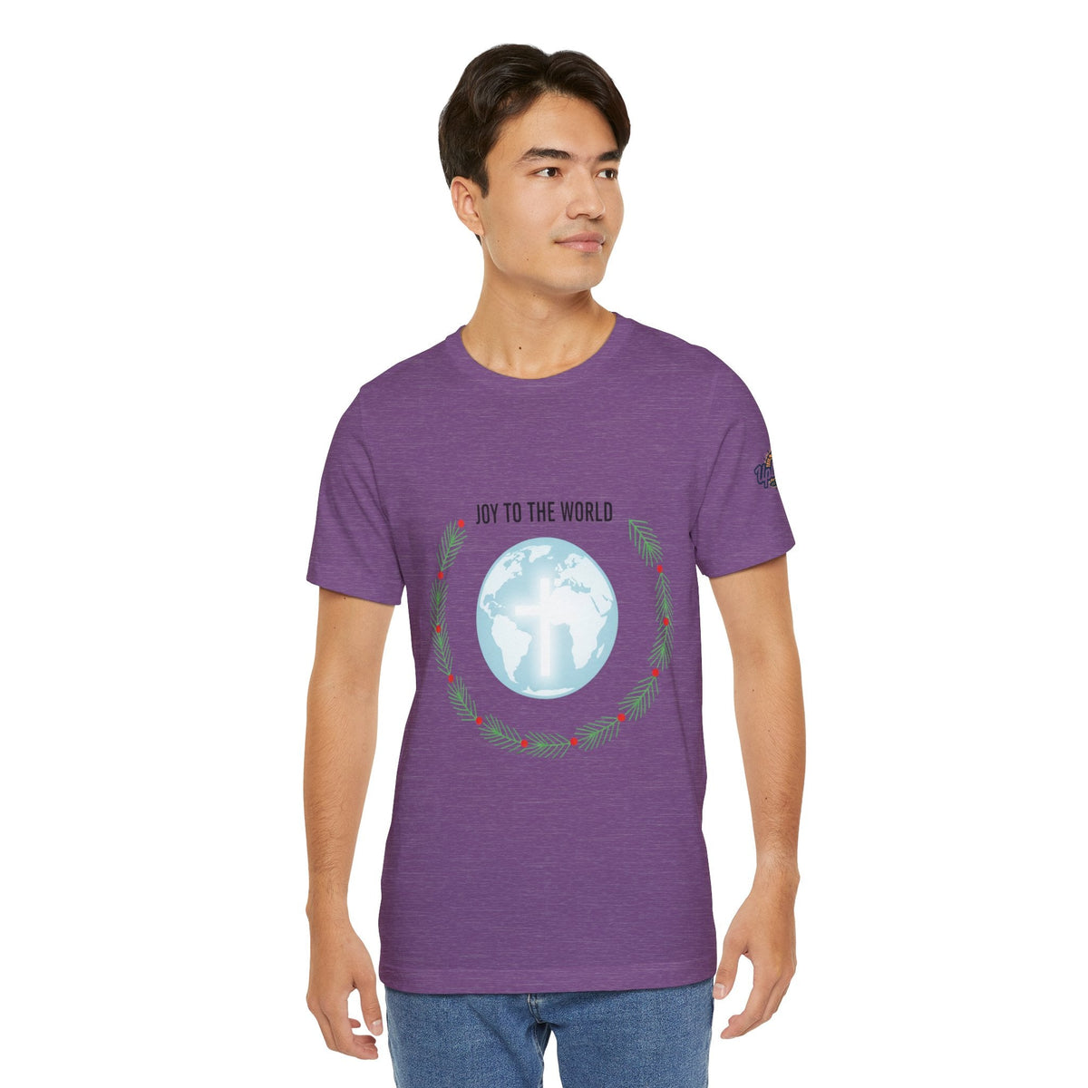 Joy to the World T-shirt – Wreath Earth Nativity Christian Christmas T-shirt for Isaiah 9:6 Holiday Faith & Festive Joy Printify