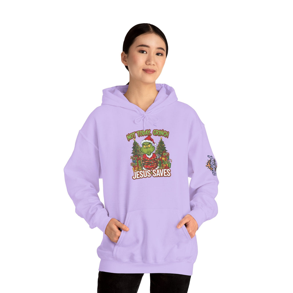 🎄 Not Today, Grinch – Jesus Saves | Funny Christian Christmas Hoodie | Sulking Grinch & Glowing Cross | Bold Neon Faith Tee by Uplifted Gear Printify