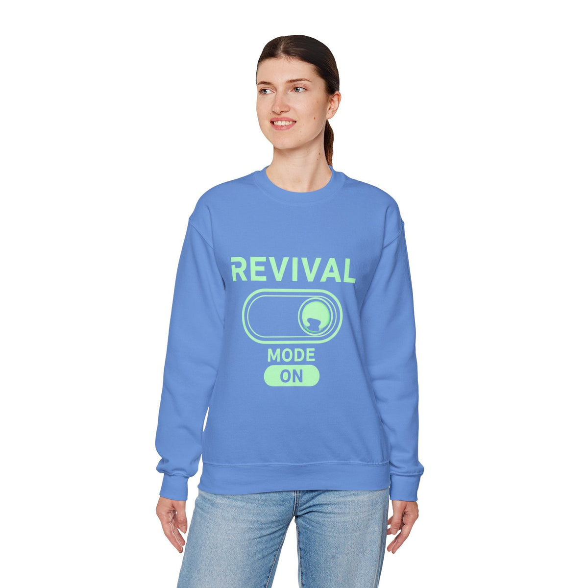 🔥 Revival Mode: ON – Christian Techwear Sweatshirt | Glowing Green Faith Switch | Futuristic Jesus Shirt | Activate Your Spiritual Awakening | Uplifted Gear Printify