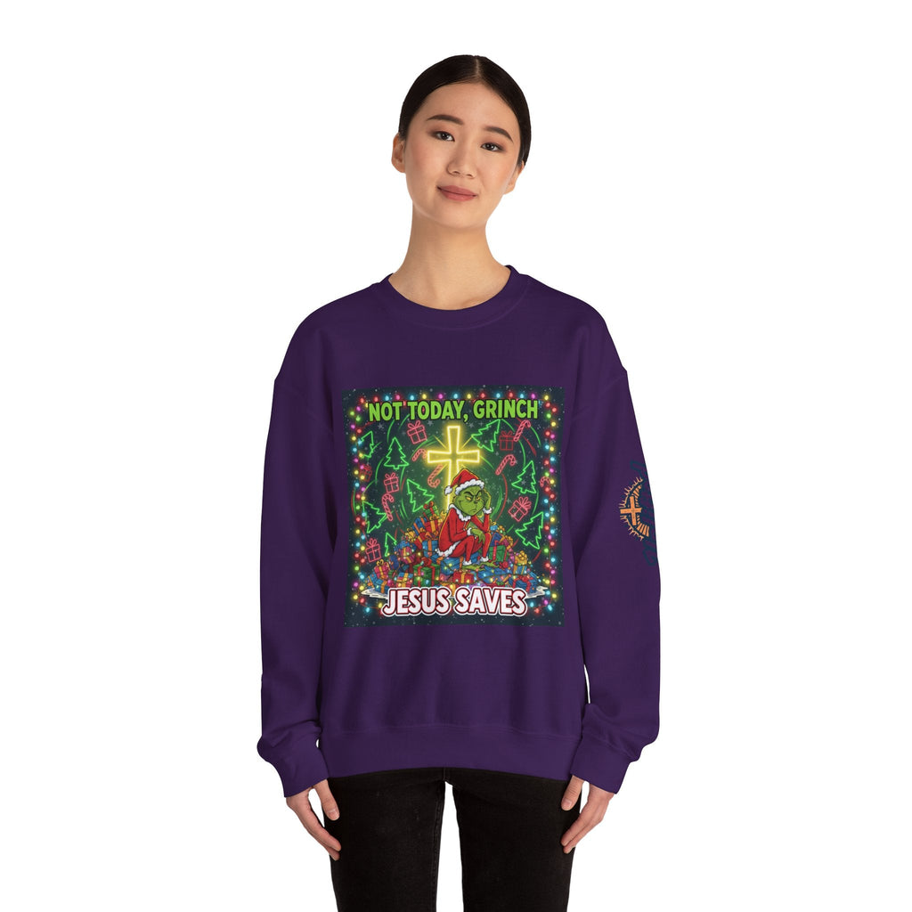 🎄 Not Today, Grinch – Jesus Saves | Funny Christian Christmas Sweatshirt | Festive Green & Red Cartoon Style | Bold Faith Holiday Tee by Uplifted Gear Printify