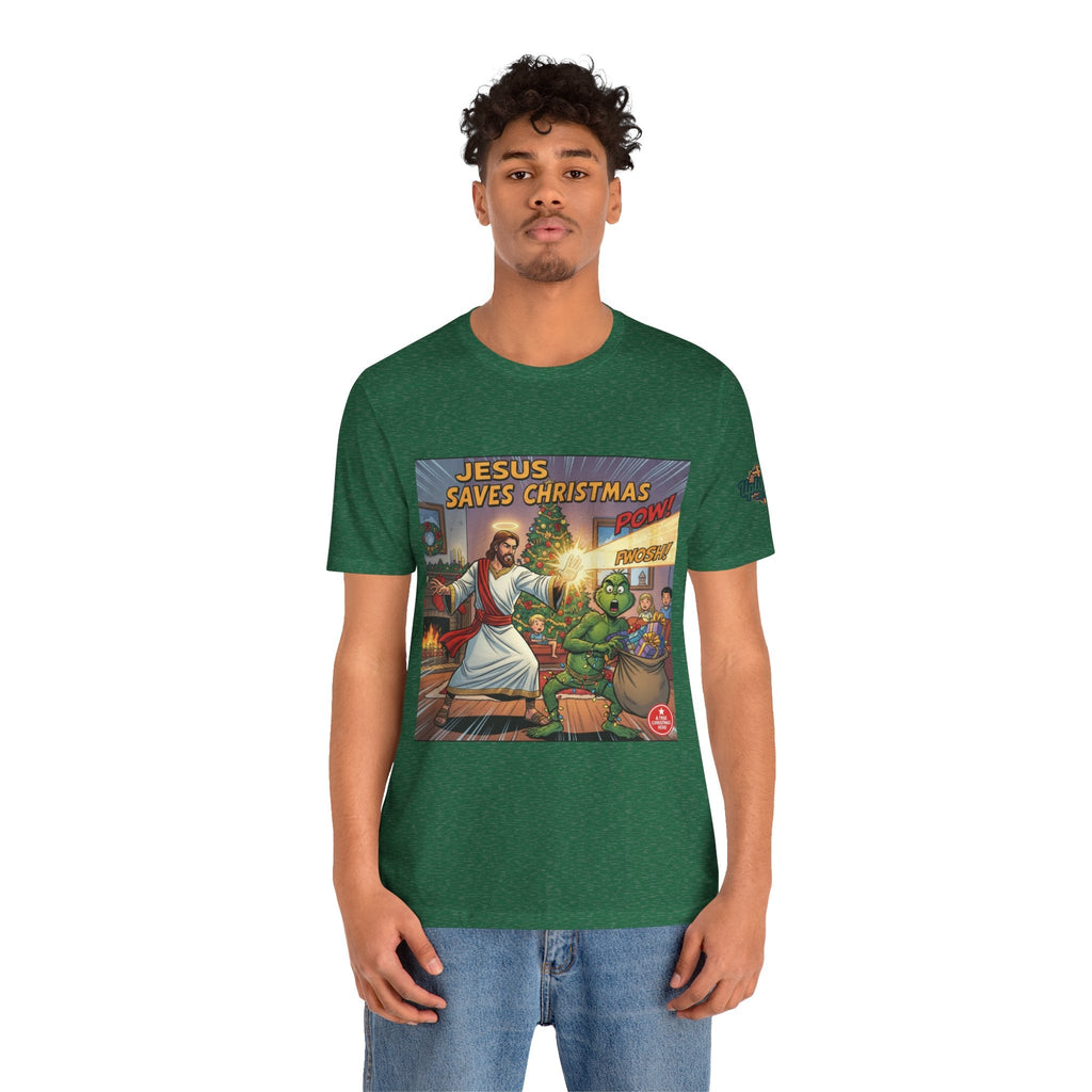 Jesus Saves Christmas T-shirt – Grinch vs Savior Light Battle Christian T-shirt for Hilarious Holiday Faith & True Joy Printify