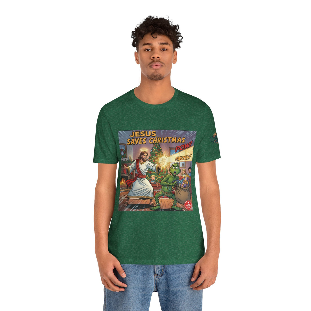 Jesus Saves Christmas T-shirt – Grinch vs Savior Light Battle Christian T-shirt for Hilarious Holiday Faith & True Joy Printify