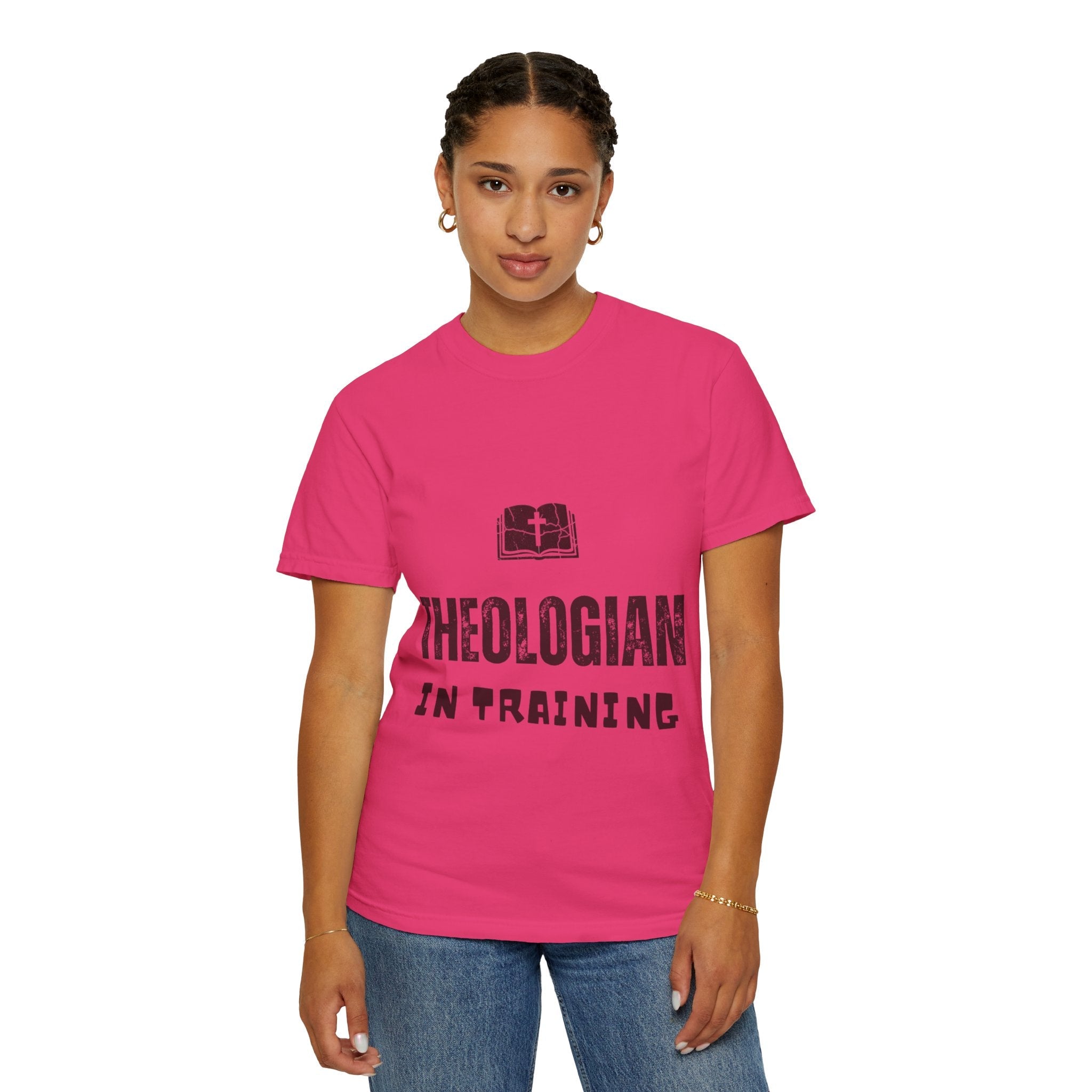Theologian in Training T-Shirt – Open Bible & Cross Christian Tee for Faithful Learners Printify
