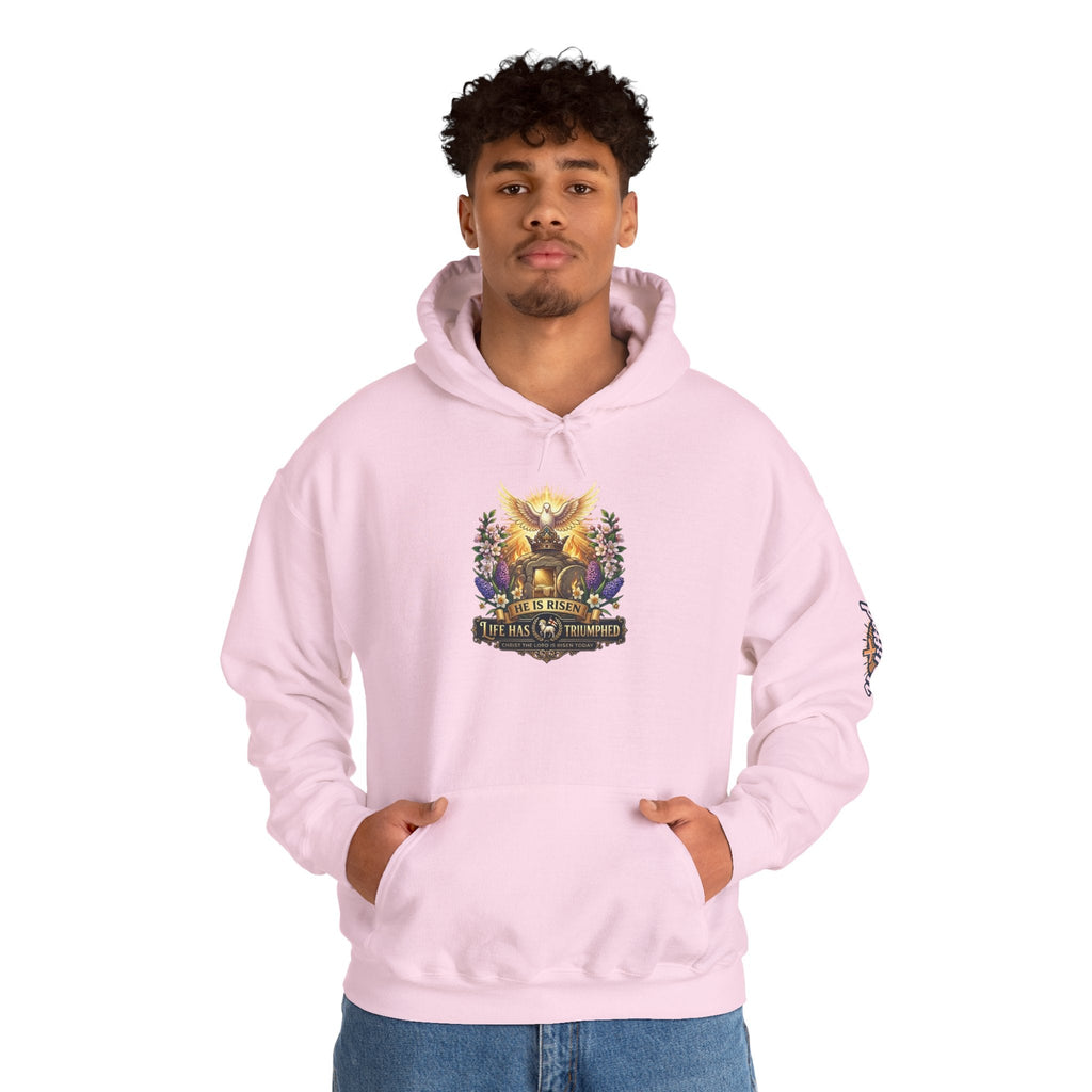 He Is Risen "Life Has Triumphed" Hoodie — Easter Resurrection Christian Hoodie Printify