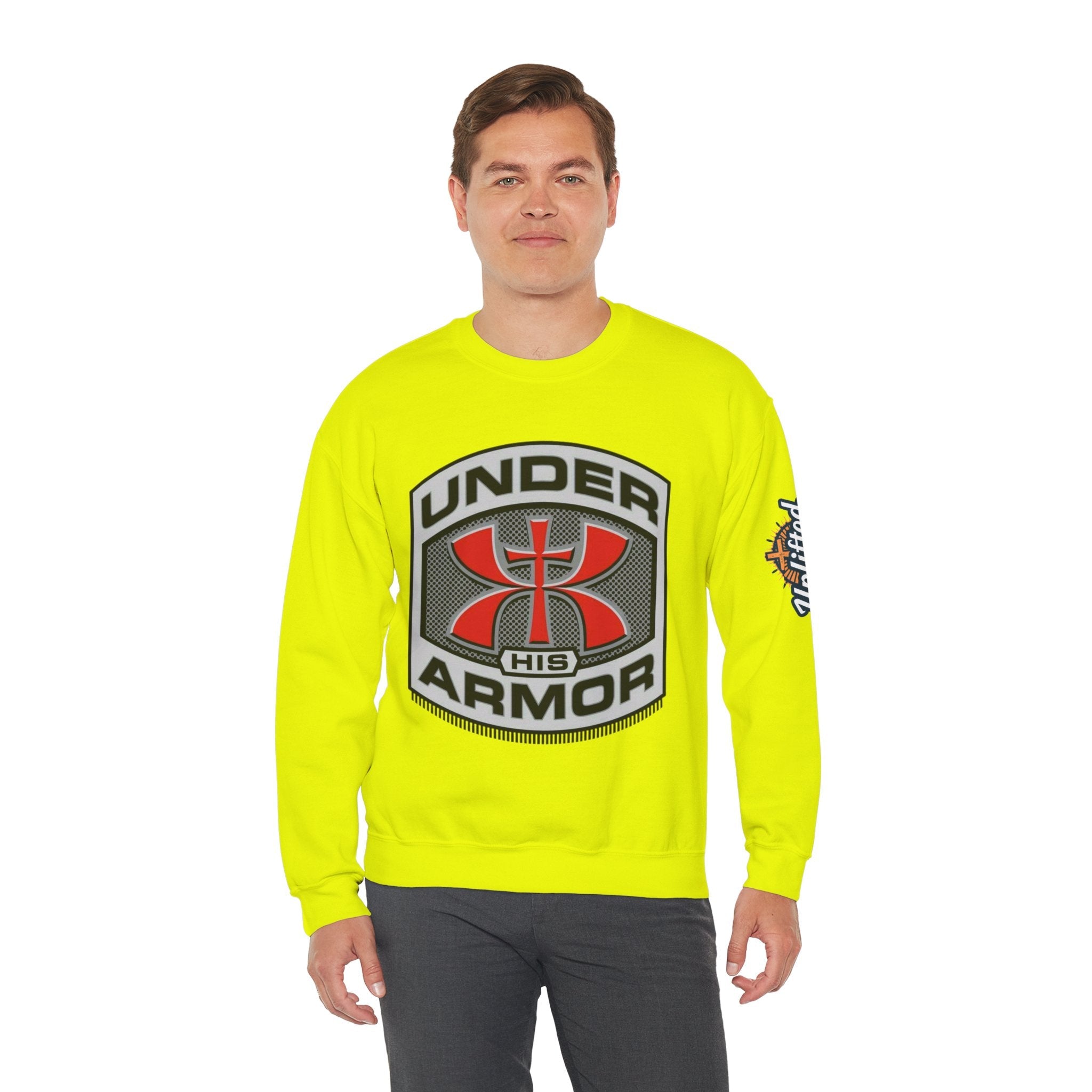 Under His Armor Crewneck Sweatshirt — Christian Faith Graphic Pullover Printify