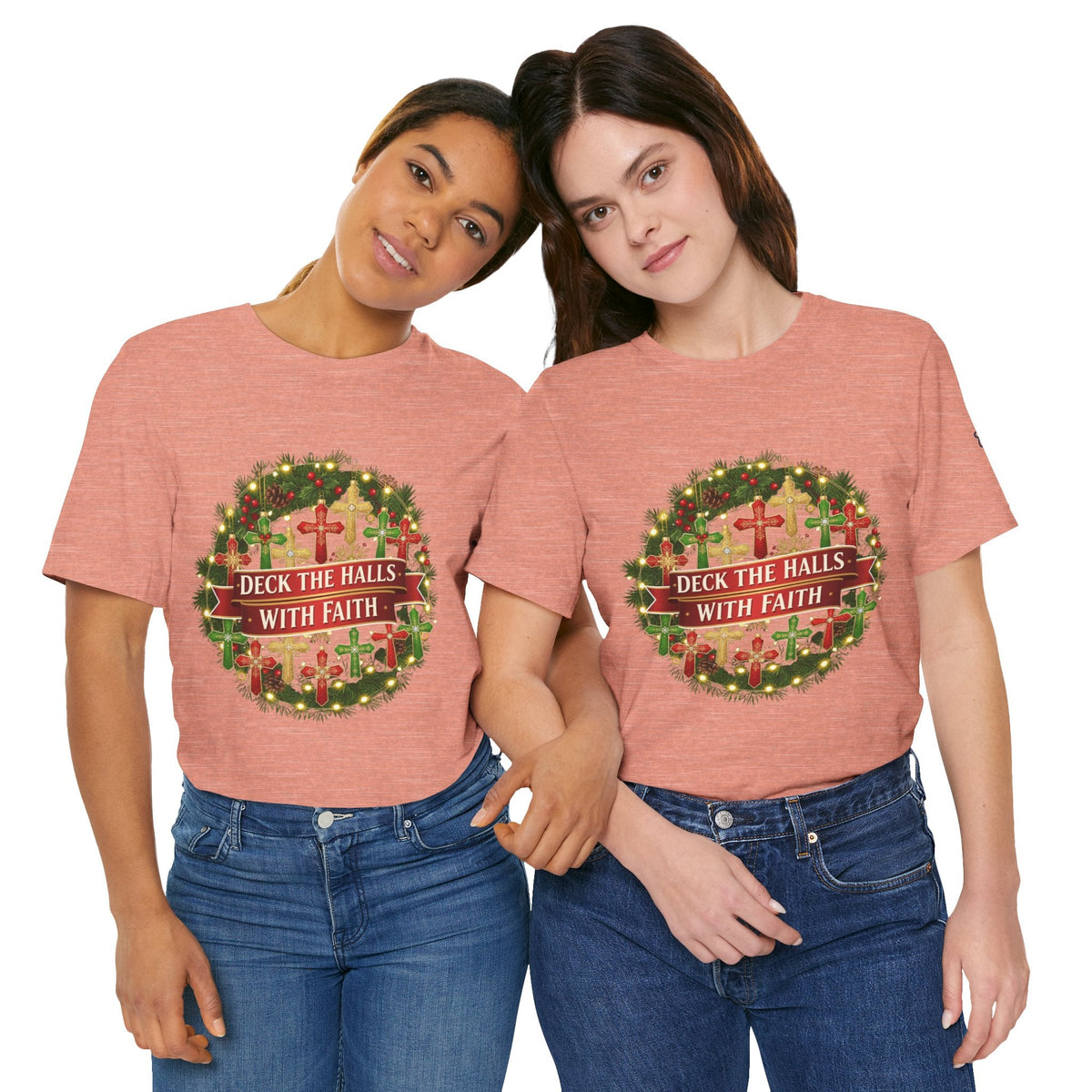 🎄 Deck the Halls with Faith – Christian Christmas T-Shirt | Cross Ornament Design & Festive Garland | Bold Holiday Faith Tee by Uplifted Gear Printify