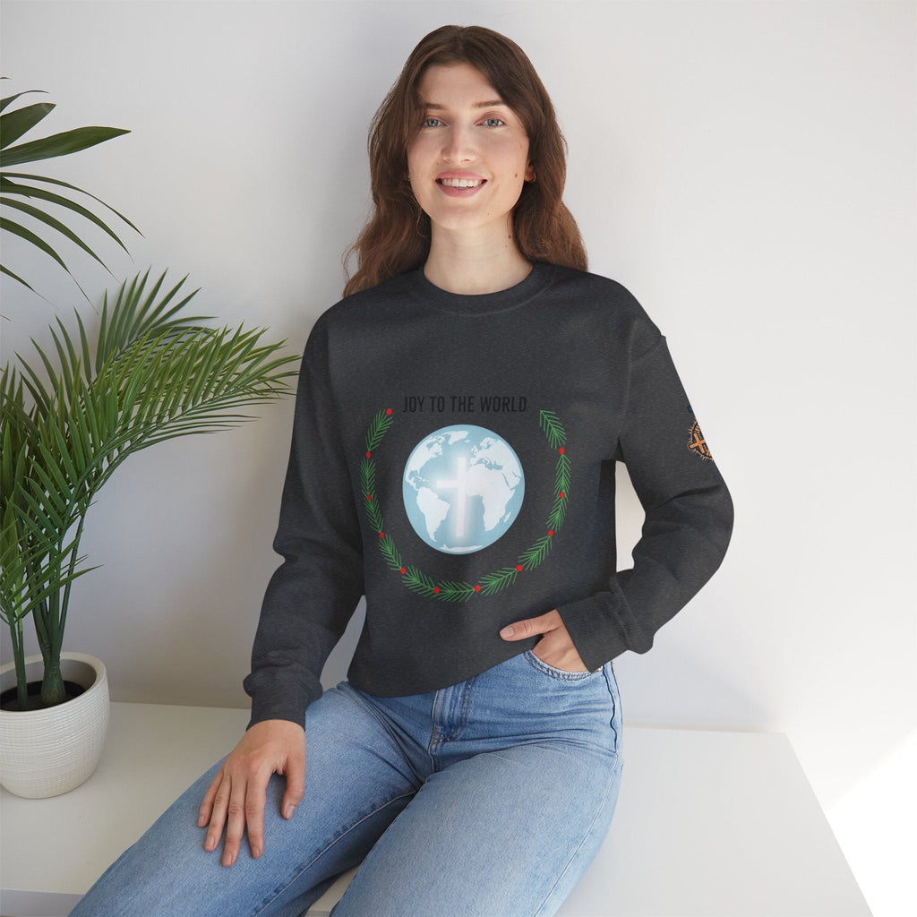 Joy to the World Sweatshirt – Wreath Earth Nativity Christian Christmas Sweatshirt for Isaiah 9:6 Holiday Faith & Festive Joy Printify