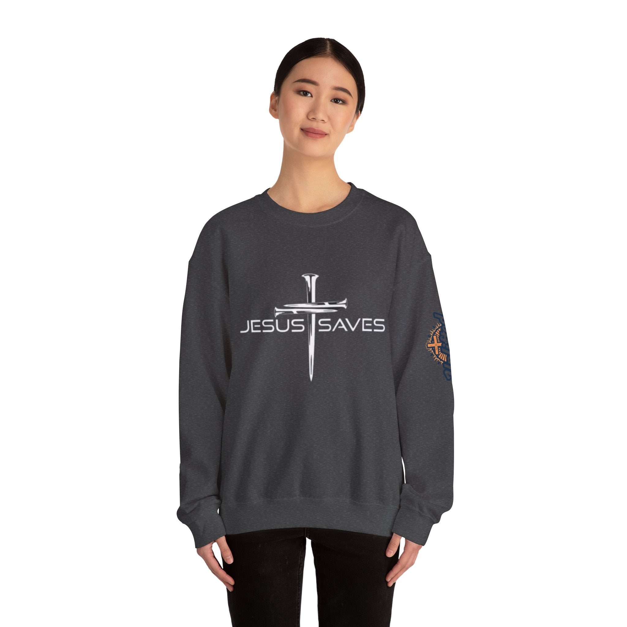 Jesus Saves Sweatshirt – 3 Nails Crucifix Cross Christian Sweatshirt for Redemption Faith & Bold Salvation Printify