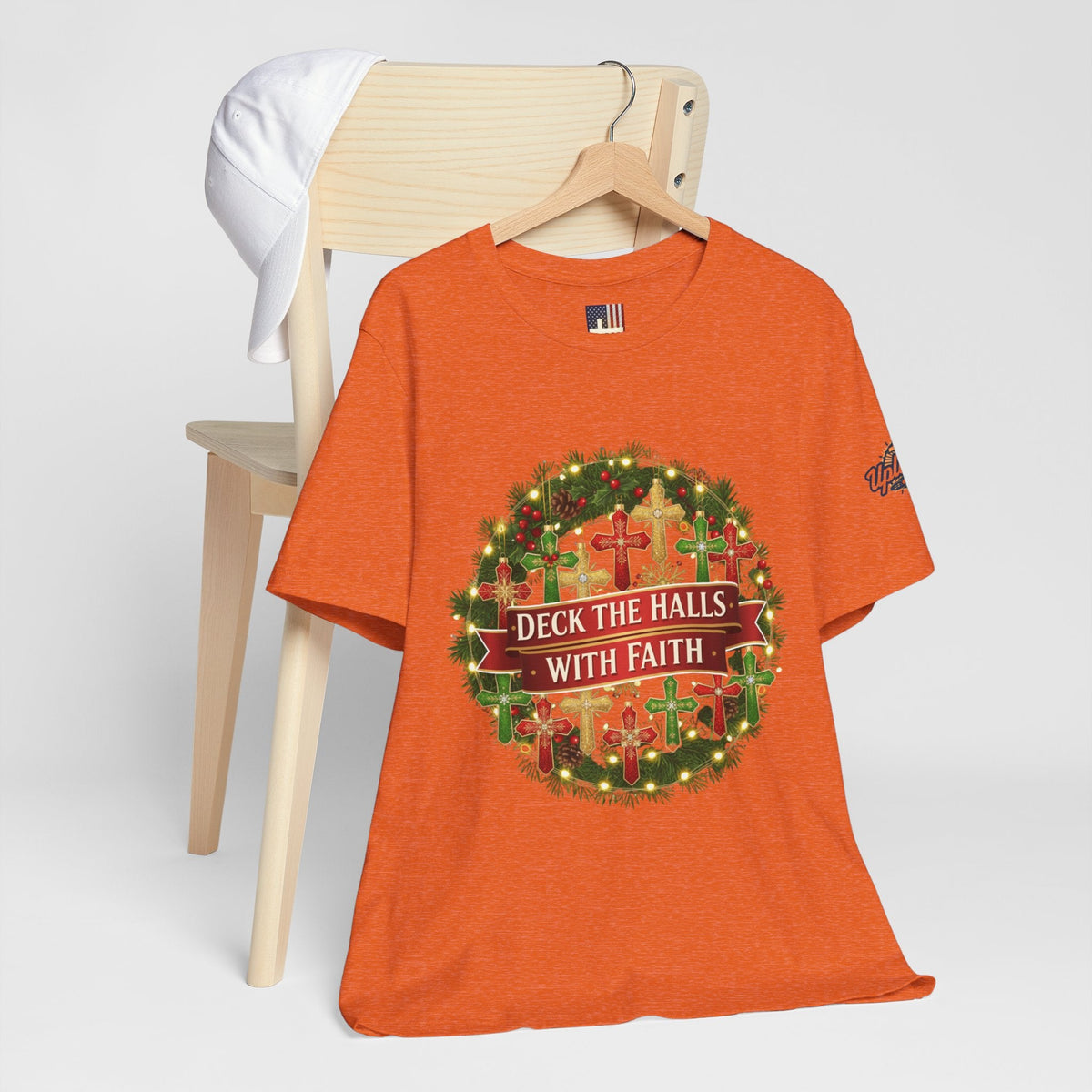 🎄 Deck the Halls with Faith – Christian Christmas T-Shirt | Cross Ornament Design & Festive Garland | Bold Holiday Faith Tee by Uplifted Gear Printify