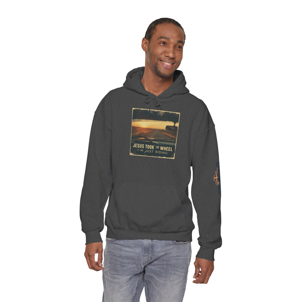 Jesus Took the Wheel I'm Just Riding Hoodie – Funny Christian Convertible Car Sweatshirt for Surrendered Faith & Humor Printify