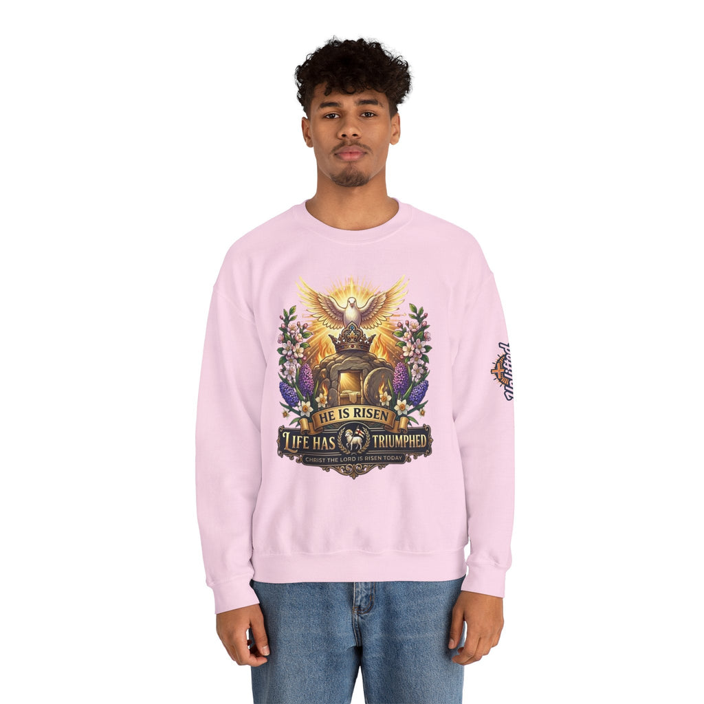 He Is Risen "Life Has Triumphed" Sweatshirt — Easter Resurrection Christian Sweatshirt Printify