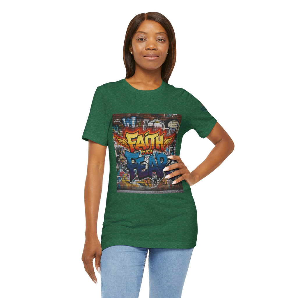 Faith Over Fear T-shirt – Graffiti Wall Christian T-shirt for Bold 2 Corinthians 5:7 Streetwear & Unshakable Faith Printify