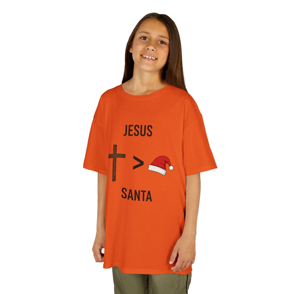 🎄 Jesus > Santa – Minimalist Christian Christmas Kids T-Shirt | Bold Faith Over Holiday Tee | Cross vs Santa Hat Design | Uplifted Gear Printify
