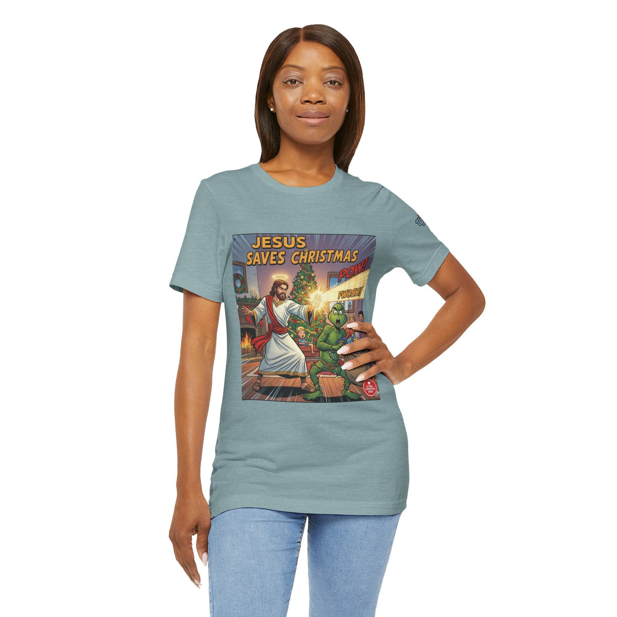 Jesus Saves Christmas T-shirt – Grinch vs Savior Light Battle Christian T-shirt for Hilarious Holiday Faith & True Joy Printify