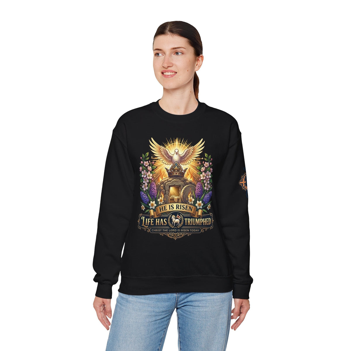 He Is Risen "Life Has Triumphed" Sweatshirt — Easter Resurrection Christian Sweatshirt Printify