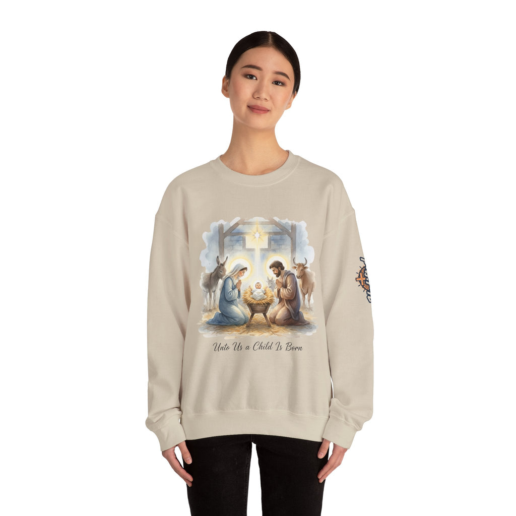 Unto Us a Child is Born Sweatshirt – Isaiah 9:6 Nativity Manger Scene Christian Christmas Sweatshirt for Holy Night Faith Printify